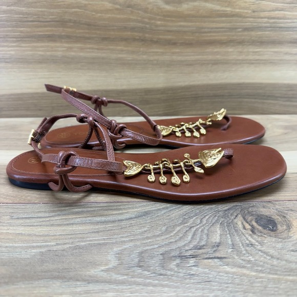 Tory Burch Capri Fish Sandals Womens 7 M Goat Leather Light Pecan - Picture 5 of 10